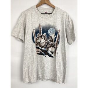 Vintage 90s Wolf Moon Graphic Tee Made in‎ USA, Grey - Size L